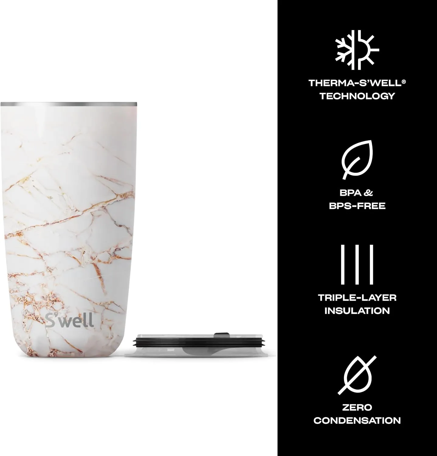 S'well Stainless Steel Tumbler with Slide-Open Lid, 18oz, Calacatta Gold, Triple Layered Vacuum Insulated Containers Keeps Drinks Cold for 12 Hours and Hot for 4, BPA Free