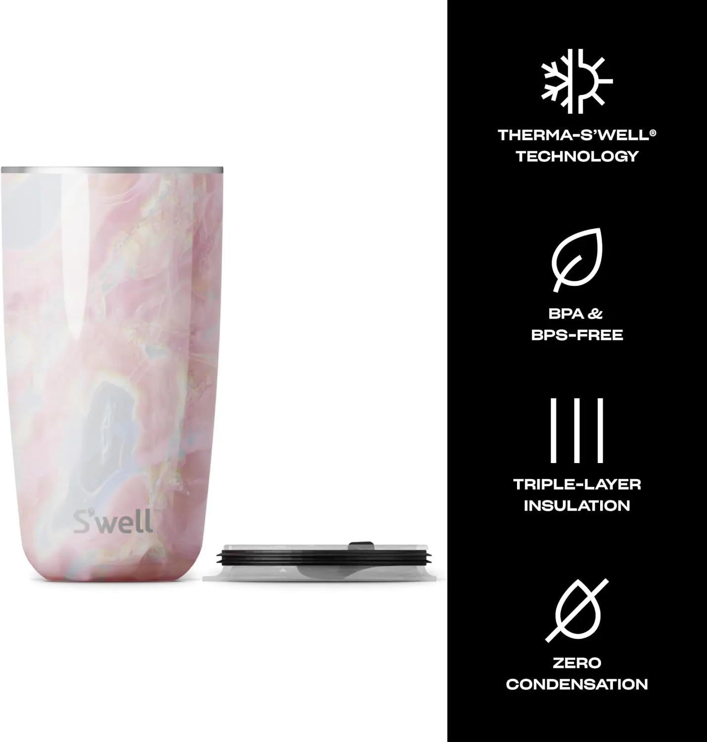 S'well Stainless Steel Tumbler with Slide-Open Lid, 18oz, Geode Rose, Triple Layered Vacuum Insulated Containers Keeps Drinks Cold for 12 Hours and Hot for 4, BPA Free