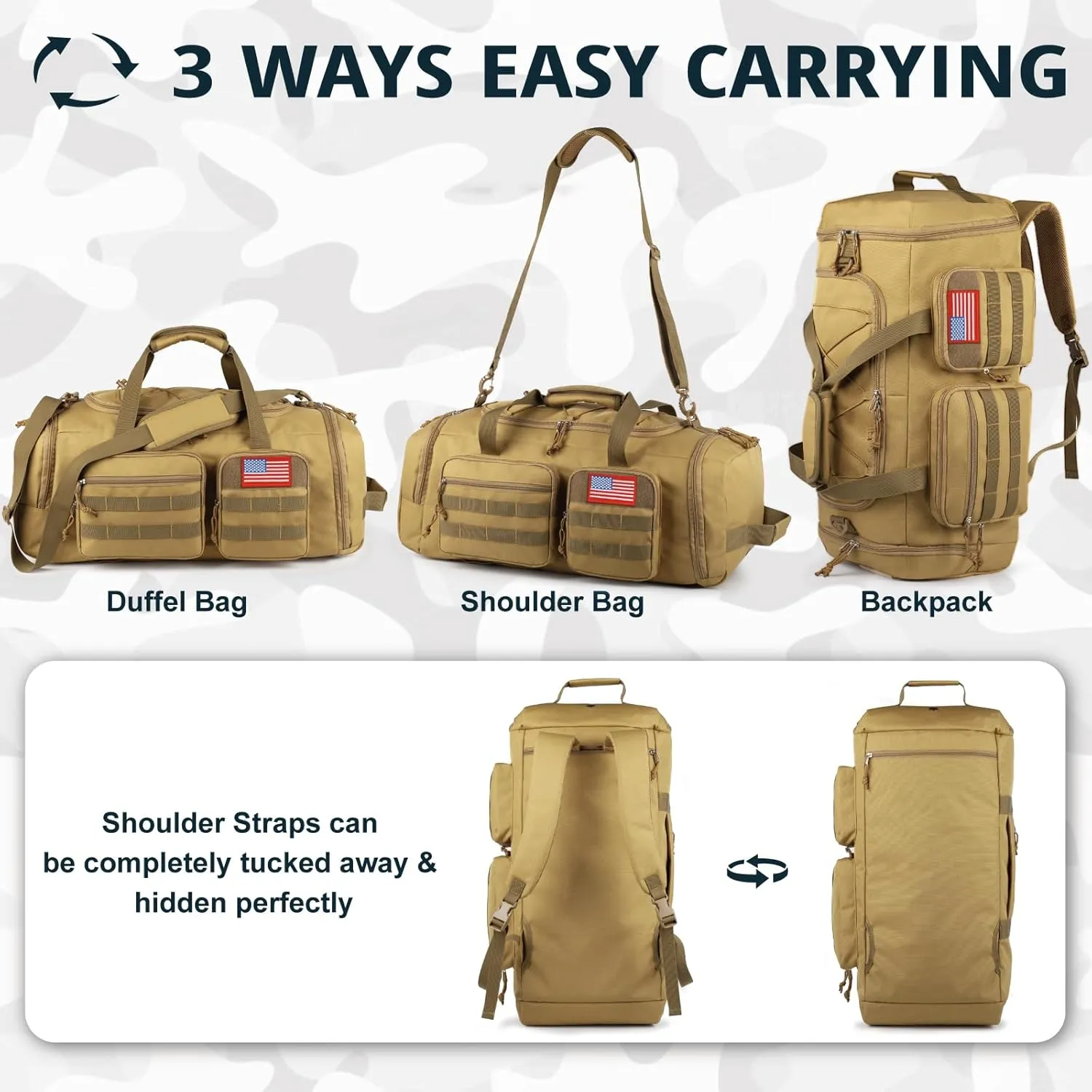 Tactical Gym Bag for Men with Toiletry Bag，50L Large 3 in 1 Sports Duffle Bag with Shoes Compartment for Travel,Water Resistant Travel Backpack Weekender Overnight Bag with Wet Pocket for Women