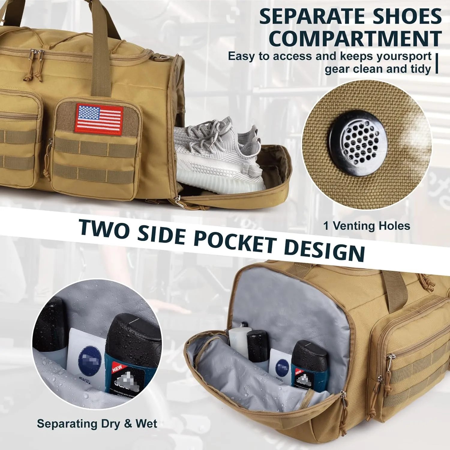Tactical Gym Bag for Men with Toiletry Bag，50L Large 3 in 1 Sports Duffle Bag with Shoes Compartment for Travel,Water Resistant Travel Backpack Weekender Overnight Bag with Wet Pocket for Women