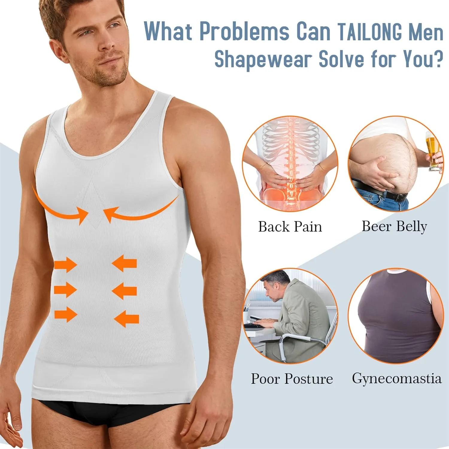 TAILONG Compression Shirts for Men Shapewear Slimming Body Shaper Waist Trainer Vest Workout Tank Tops Abdomen Undershirts