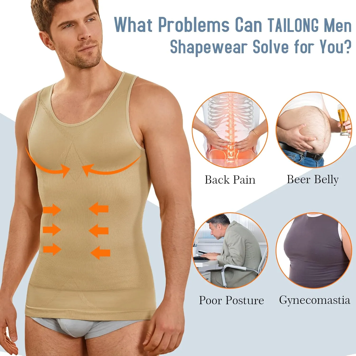 TAILONG Compression Shirts for Men Shapewear Slimming Body Shaper Waist Trainer Vest Workout Tank Tops Abdomen Undershirts
