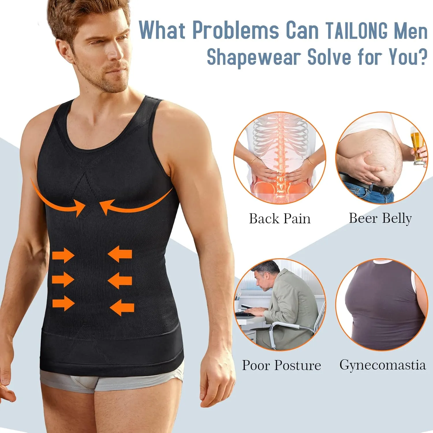 TAILONG Compression Shirts for Men Shapewear Slimming Body Shaper Waist Trainer Vest Workout Tank Tops Abdomen Undershirts