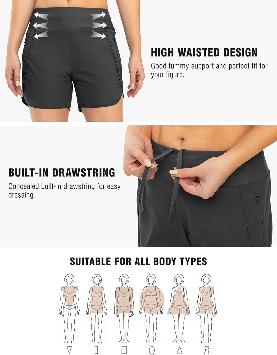 TBMPOY Women's Swim Board Shorts with Zipper Pockets 5'' High Waisted Bathing Suit Swimwear Quick Dry Beach Short
