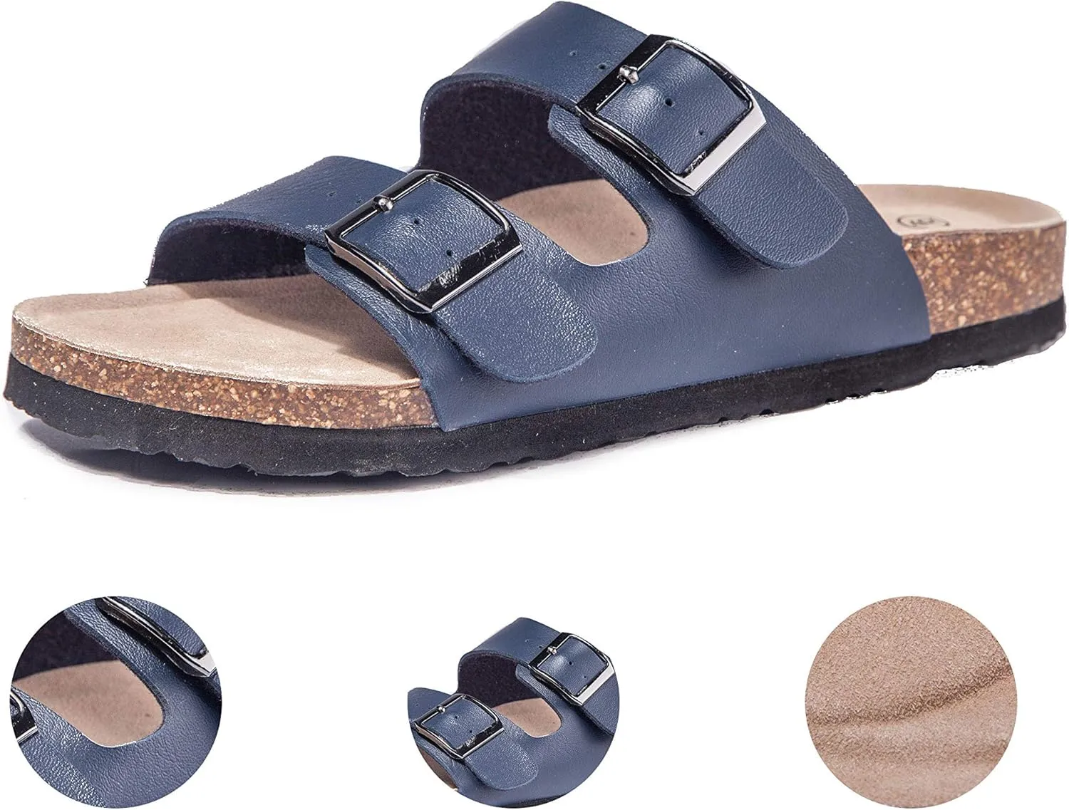 TF STAR Women 2-Strap Adjustable Buckle, Flat Casual Cork Slide Sandals,Slide Cork Footbed Sandals for Women