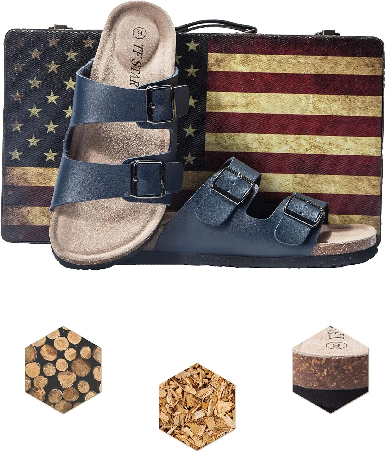 TF STAR Women 2-Strap Adjustable Buckle, Flat Casual Cork Slide Sandals,Slide Cork Footbed Sandals for Women
