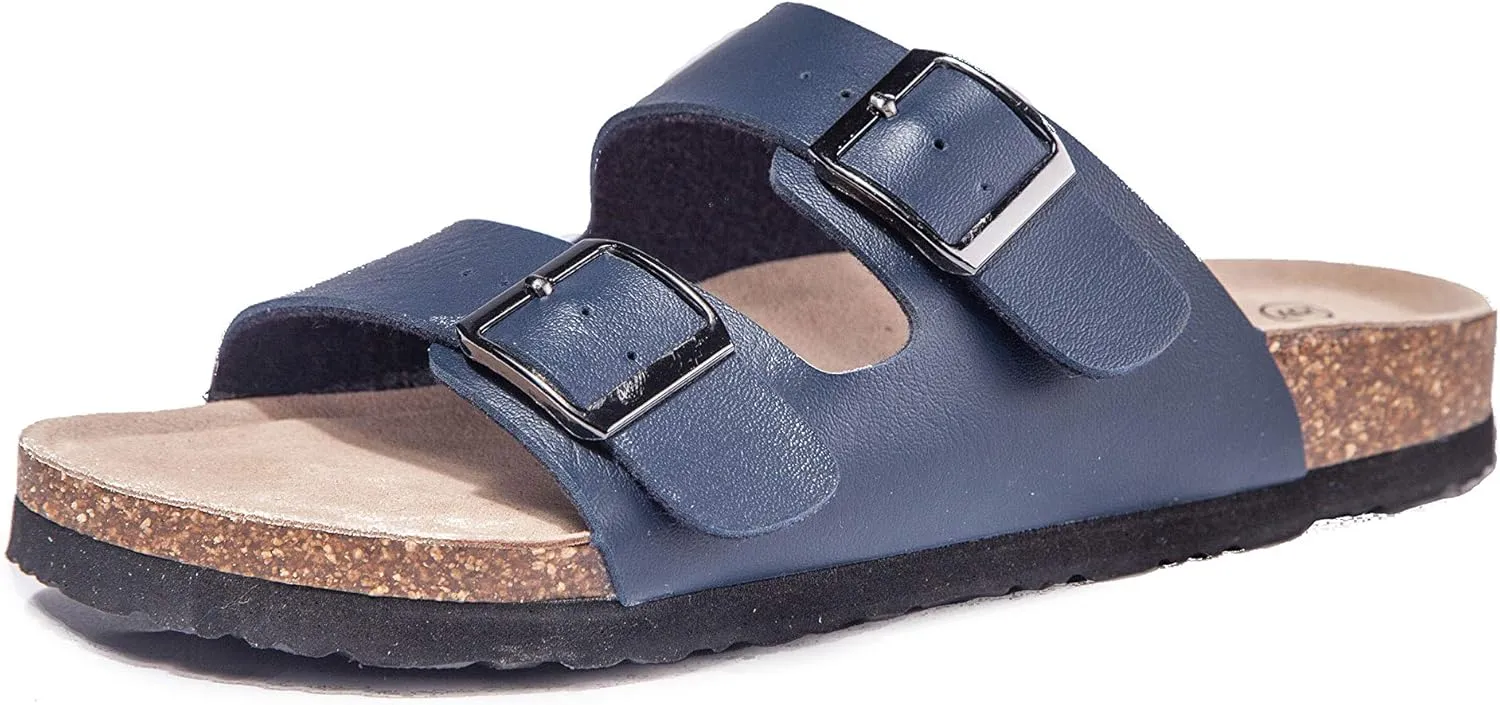 TF STAR Women 2-Strap Adjustable Buckle, Flat Casual Cork Slide Sandals,Slide Cork Footbed Sandals for Women