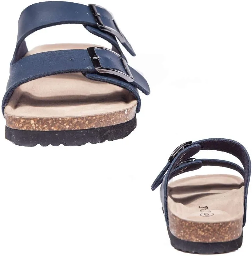 TF STAR Women 2-Strap Adjustable Buckle, Flat Casual Cork Slide Sandals,Slide Cork Footbed Sandals for Women