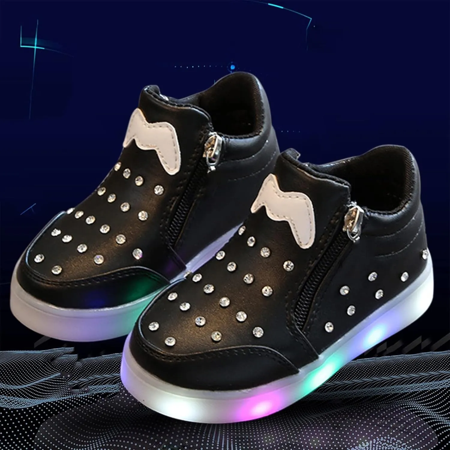 Toddler Glitter Sneaker Side Zipper Light Up Sport Shoes Baby Boys Girls Open Toe Soft Sole Light Loafers Non Slip