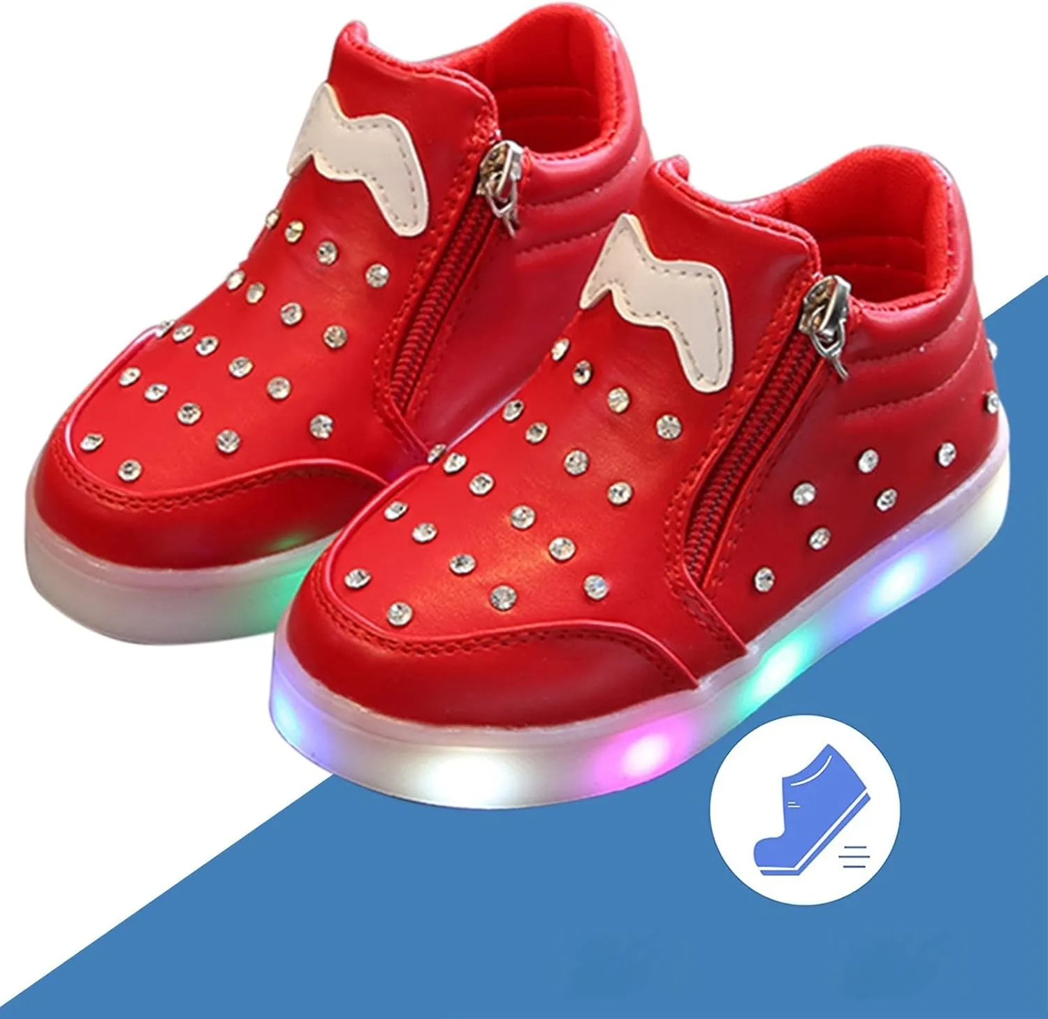 Toddler Glitter Sneaker Side Zipper Light Up Sport Shoes Baby Boys Girls Open Toe Soft Sole Light Loafers Non Slip