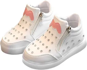 Toddler Glitter Sneaker Side Zipper Light Up Sport Shoes Baby Boys Girls Open Toe Soft Sole Light Loafers Non Slip