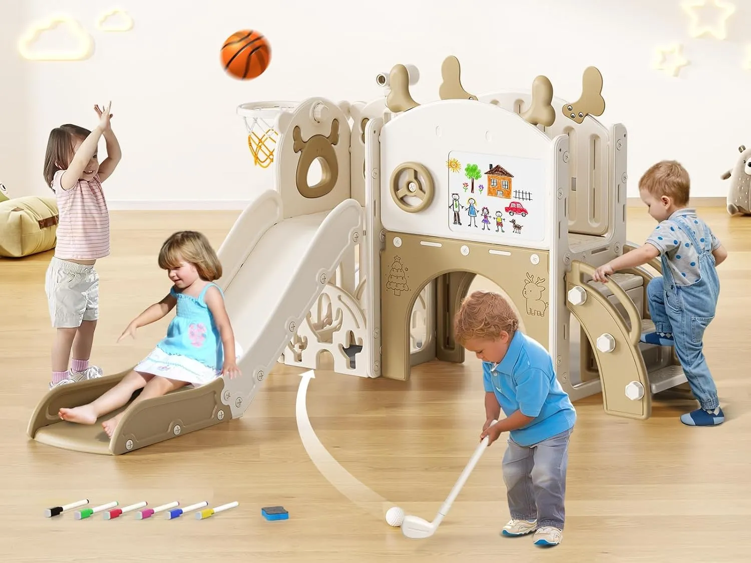 Toddler Slide, 10 in 1 Toddler Playset - Upgrade with Kids Slide, Drawing Board, Golf Set, Basketball Hoop and Storage Space for Age 1-3, Indoor and Outdoor Playground