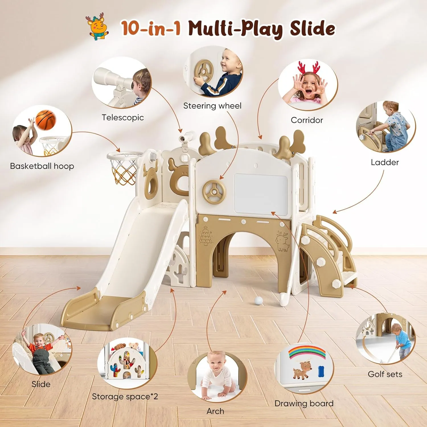 Toddler Slide, 10 in 1 Toddler Playset - Upgrade with Kids Slide, Drawing Board, Golf Set, Basketball Hoop and Storage Space for Age 1-3, Indoor and Outdoor Playground
