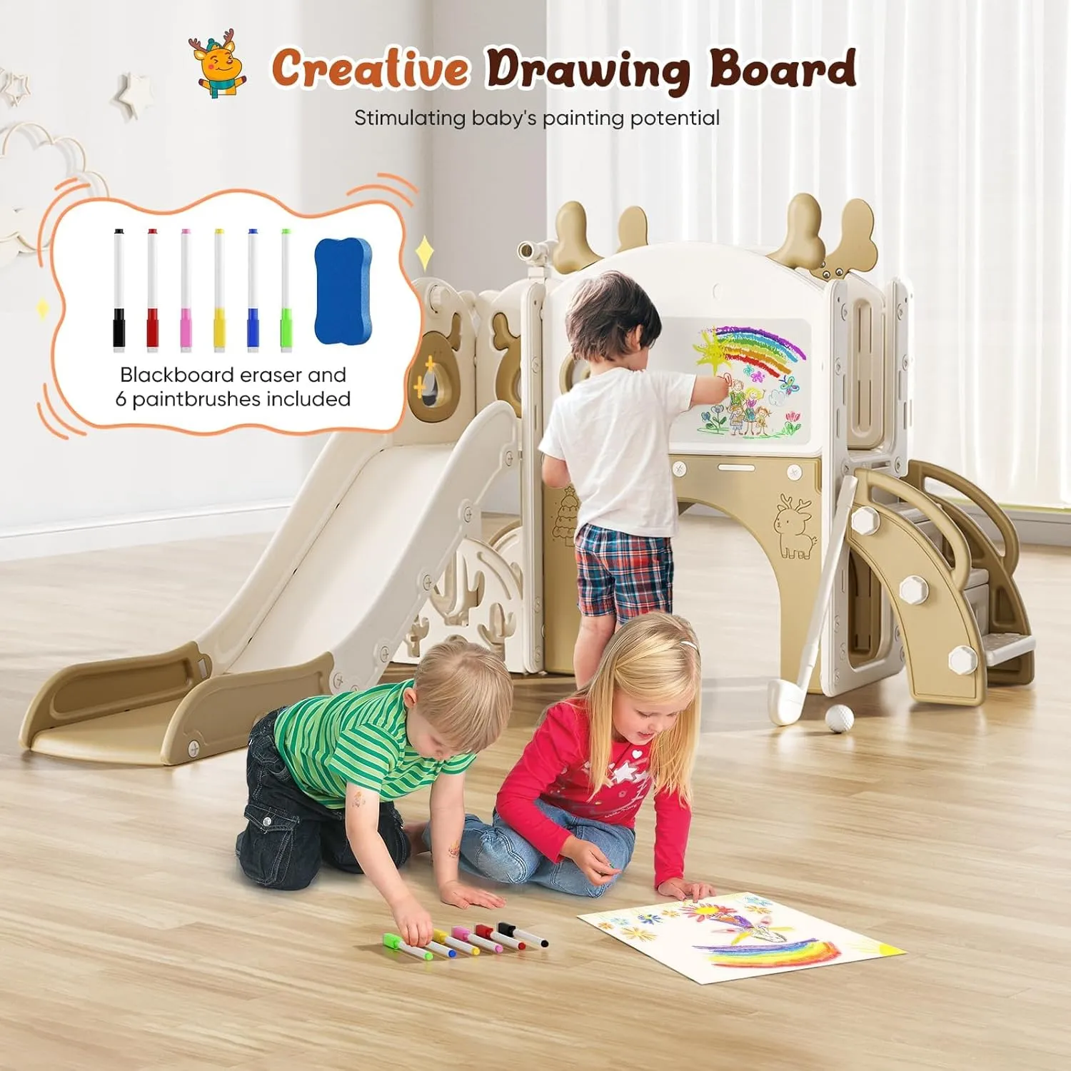 Toddler Slide, 10 in 1 Toddler Playset - Upgrade with Kids Slide, Drawing Board, Golf Set, Basketball Hoop and Storage Space for Age 1-3, Indoor and Outdoor Playground