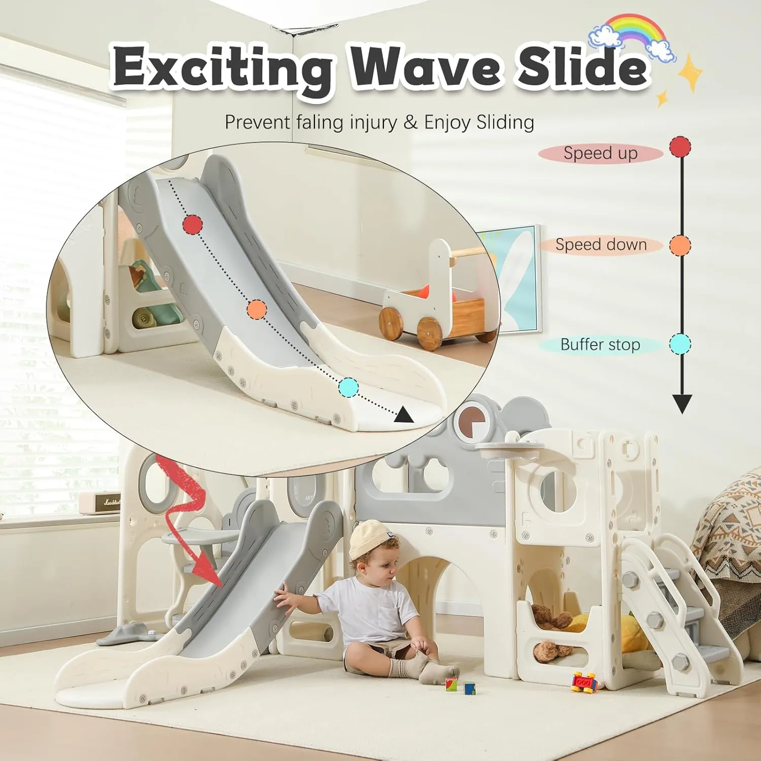 Toddler Slide, 9 in 1 Indoor Foldable Kids Slide for Toddlers Age 1-3, Extra-Long Slide with Basketball Hoop Indoor and Outdoor Baby Climber Playset Playground, Climber Playset with Telescope
