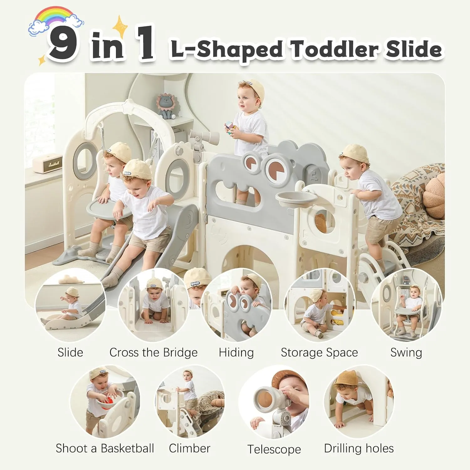 Toddler Slide, 9 in 1 Indoor Foldable Kids Slide for Toddlers Age 1-3, Extra-Long Slide with Basketball Hoop Indoor and Outdoor Baby Climber Playset Playground, Climber Playset with Telescope