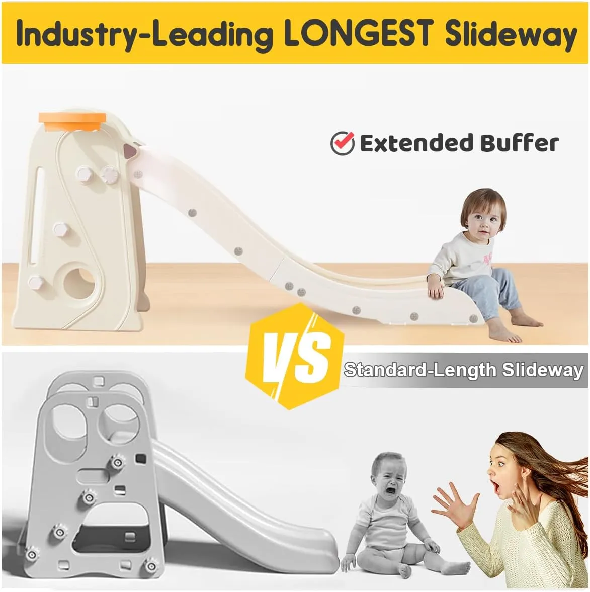 Toddler Slide Indoor Outdoor for Kids, 3 in 1 Foldable Kids Slide Easy Set Up Playset with Basketball Hoop & Ball, Freestanding Baby with Extra Long Slipping Slope for Kid