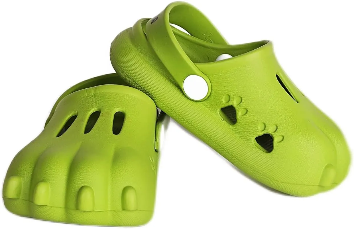 Toddler/Kids Unisex Slide-On Clogs. Easy Sandal Slides with Backstrap Perfect for Dinosaur, Dog, Dino and Monster Halloween Costume or Beach, Gift or Play. Cute Stomp Track Print Bottoms Lime Green