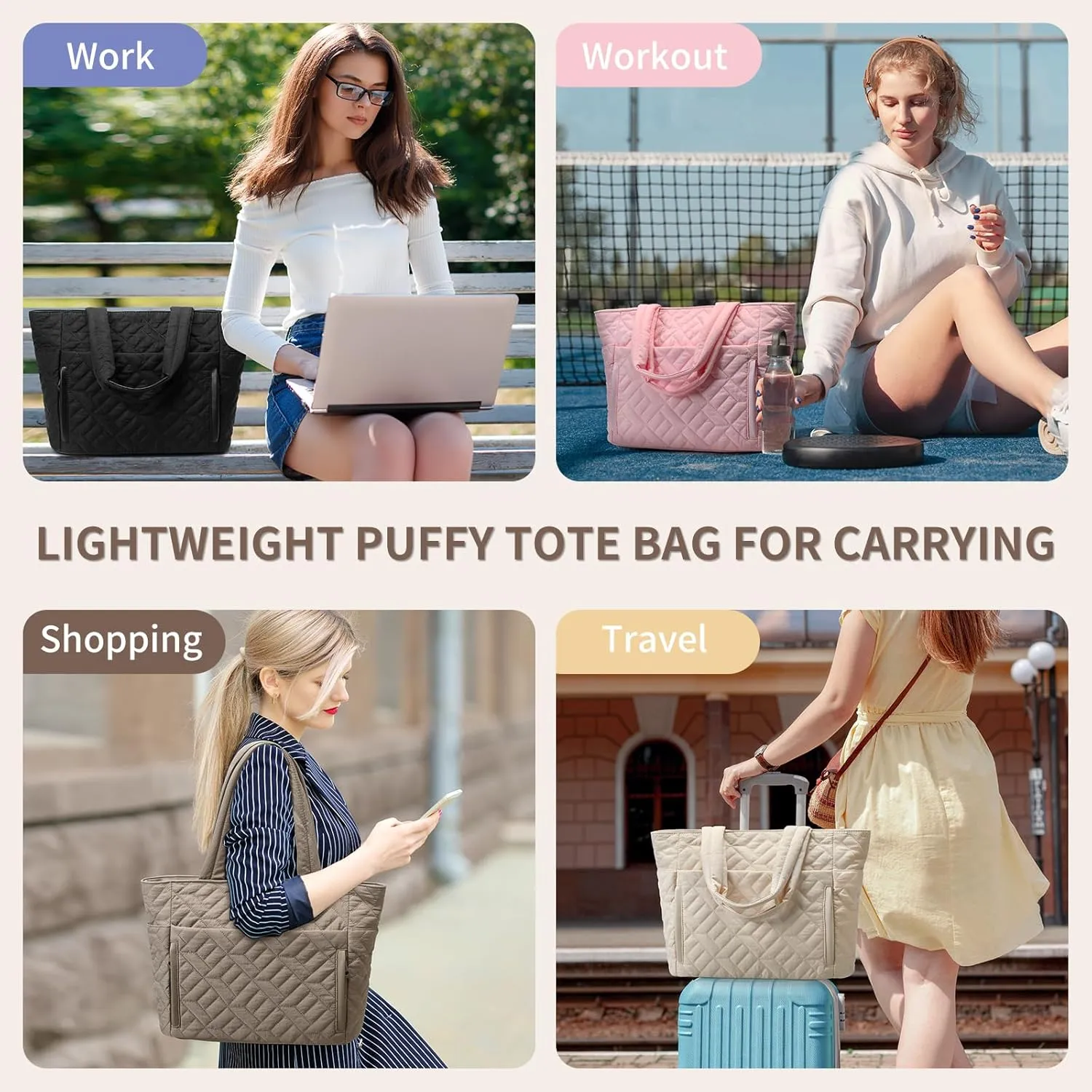 Tote Bag for Women, Quilted Puffer Tote Bag with Zipper, Large Shoulder Handbag Work Bag with Compartments for Travel