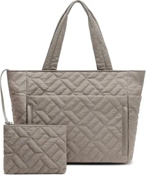 Tote Bag for Women, Quilted Puffer Tote Bag with Zipper, Large Shoulder Handbag Work Bag with Compartments for Travel
