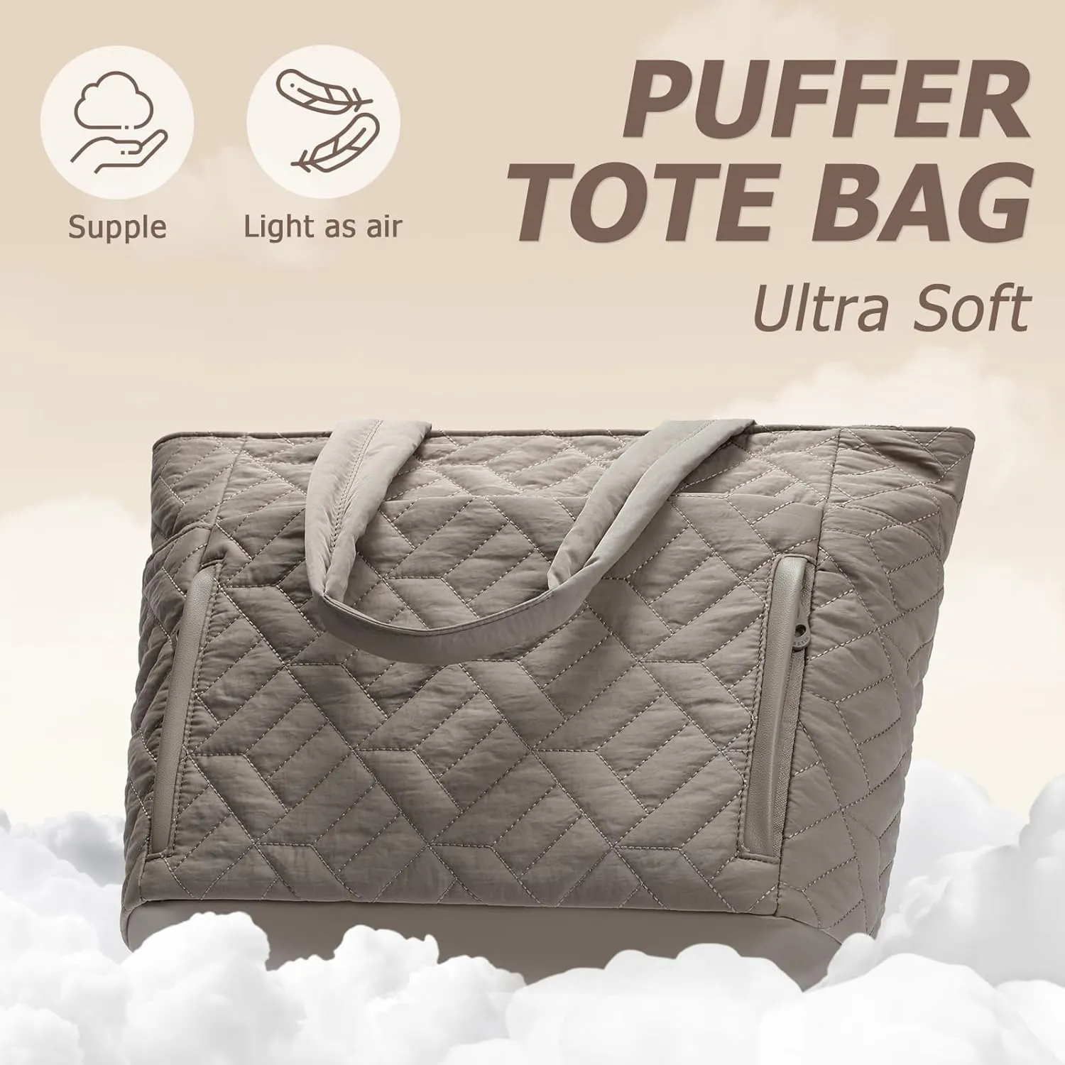 Tote Bag for Women, Quilted Puffer Tote Bag with Zipper, Large Shoulder Handbag Work Bag with Compartments for Travel