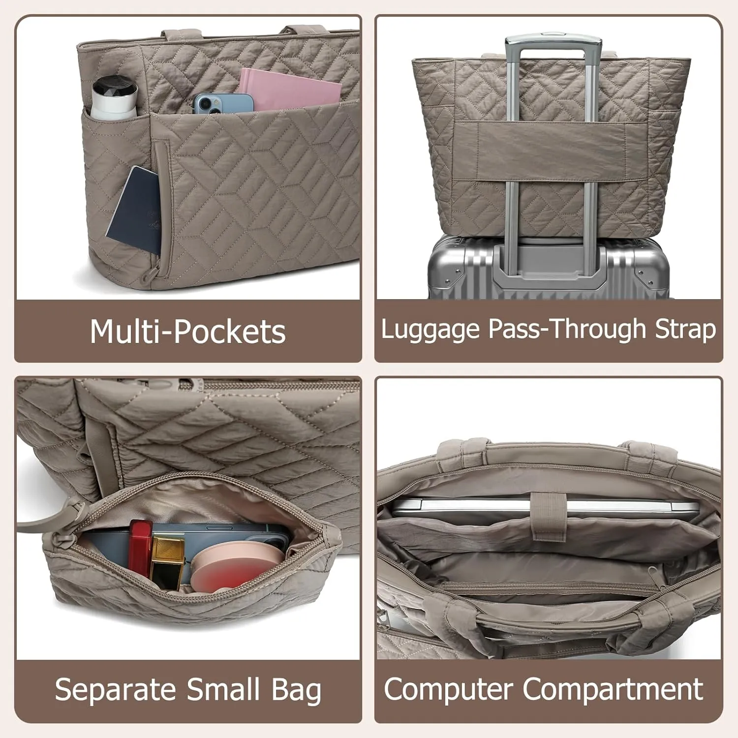 Tote Bag for Women, Quilted Puffer Tote Bag with Zipper, Large Shoulder Handbag Work Bag with Compartments for Travel