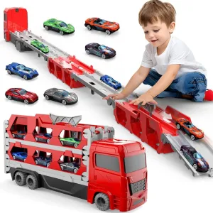 Transport Truck Toy for Kid, 61-Inch Dual Race Track and Eject Car, 12 Metal Cars and Foldable Storage Carrier Truck Set, Toddler Car Toys Gift for 3 4 5 6  Years Old Boys and Girls (Red)