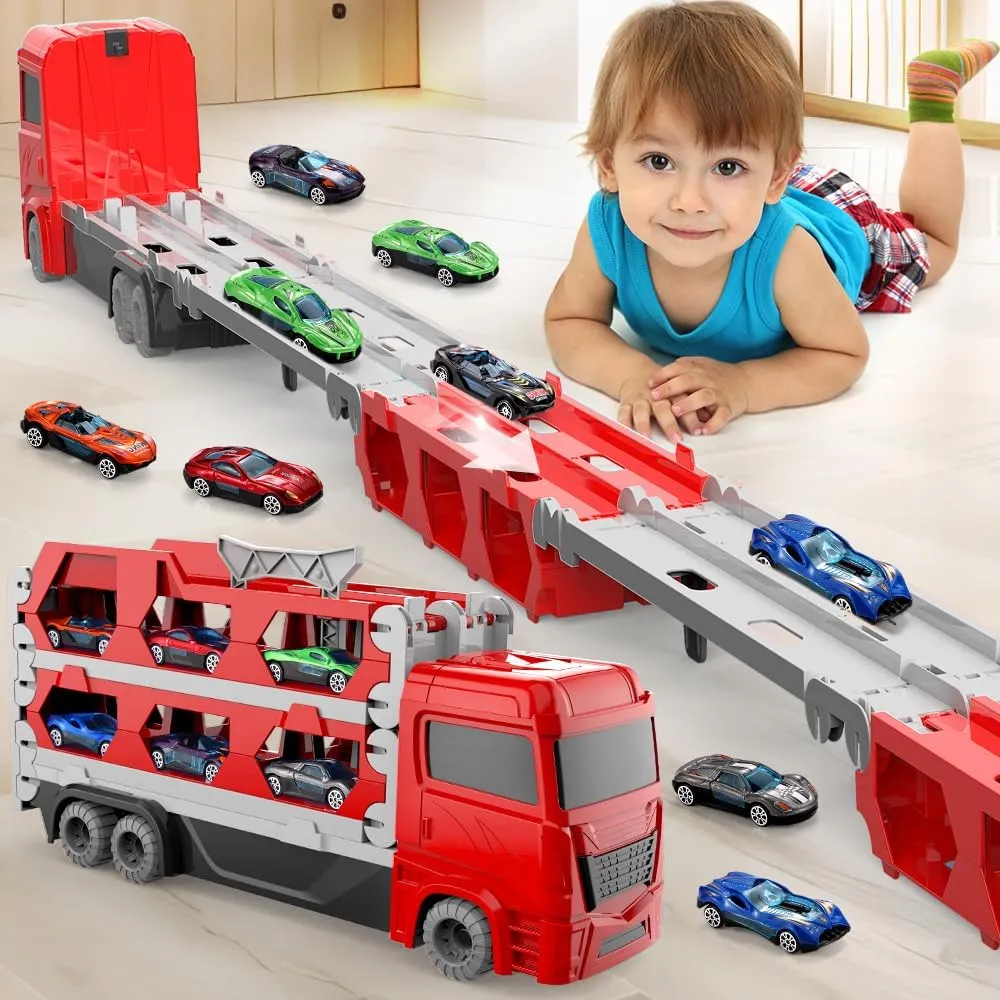 Transport Truck Toy for Kid, 61-Inch Dual Race Track and Eject Car, 12 Metal Cars and Foldable Storage Carrier Truck Set, Toddler Car Toys Gift for 3 4 5 6  Years Old Boys and Girls (Red)