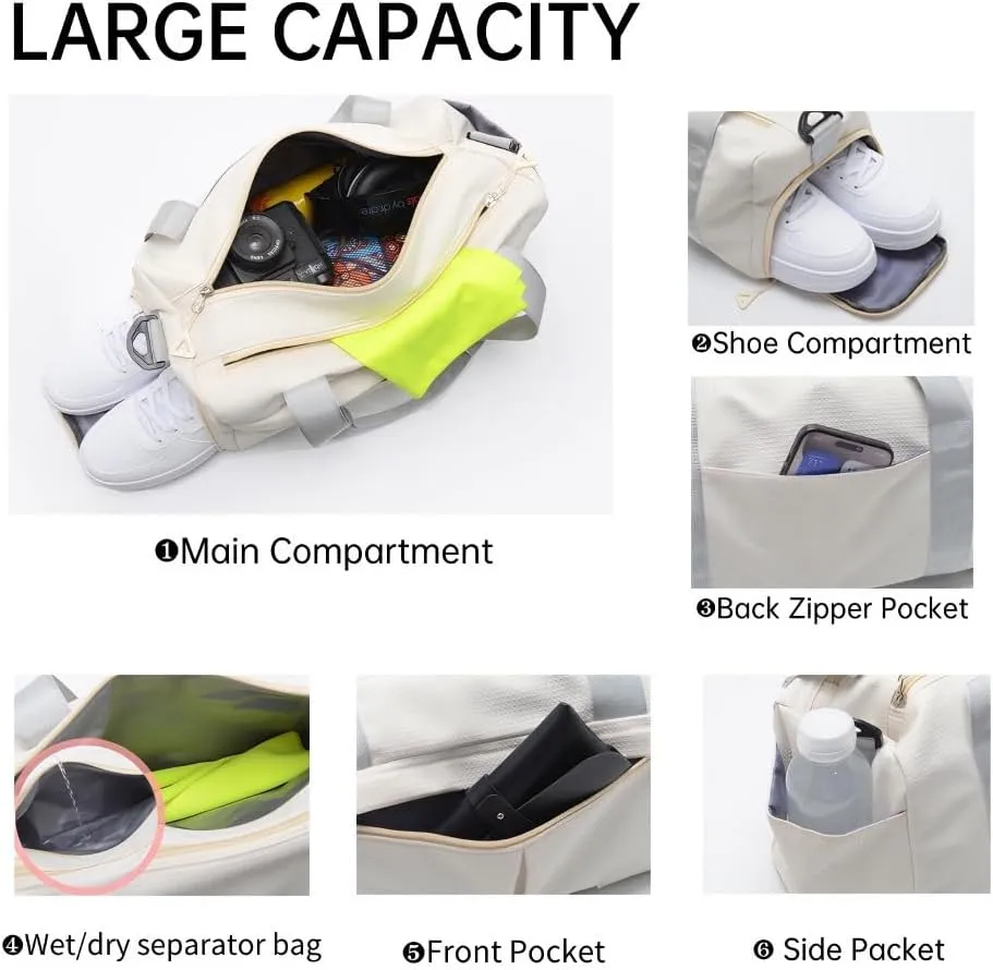 Travel Bag for Women with Shoe Compartment, Weekender Bag Gym Bag for Women, Dry-Wet Separation, Multifunctional Large Capacity and Premium Oxford Fabric (White)