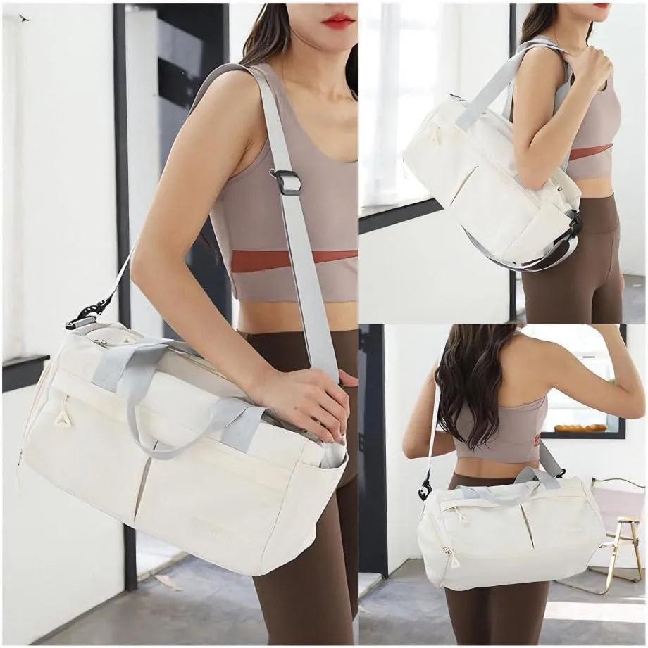 Travel Bag for Women with Shoe Compartment, Weekender Bag Gym Bag for Women, Dry-Wet Separation, Multifunctional Large Capacity and Premium Oxford Fabric (White)