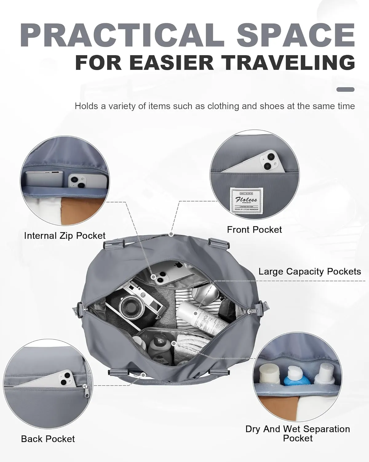 Travel Duffel Bag, 18x14x8 Inches Travel Bag Spirit with Shoes Compartment, Weekender Overnight Bag for Women with Trolley Sleeve, Carry On Bag for Airplanes Sport Tote Gym Bag SlateGrey
