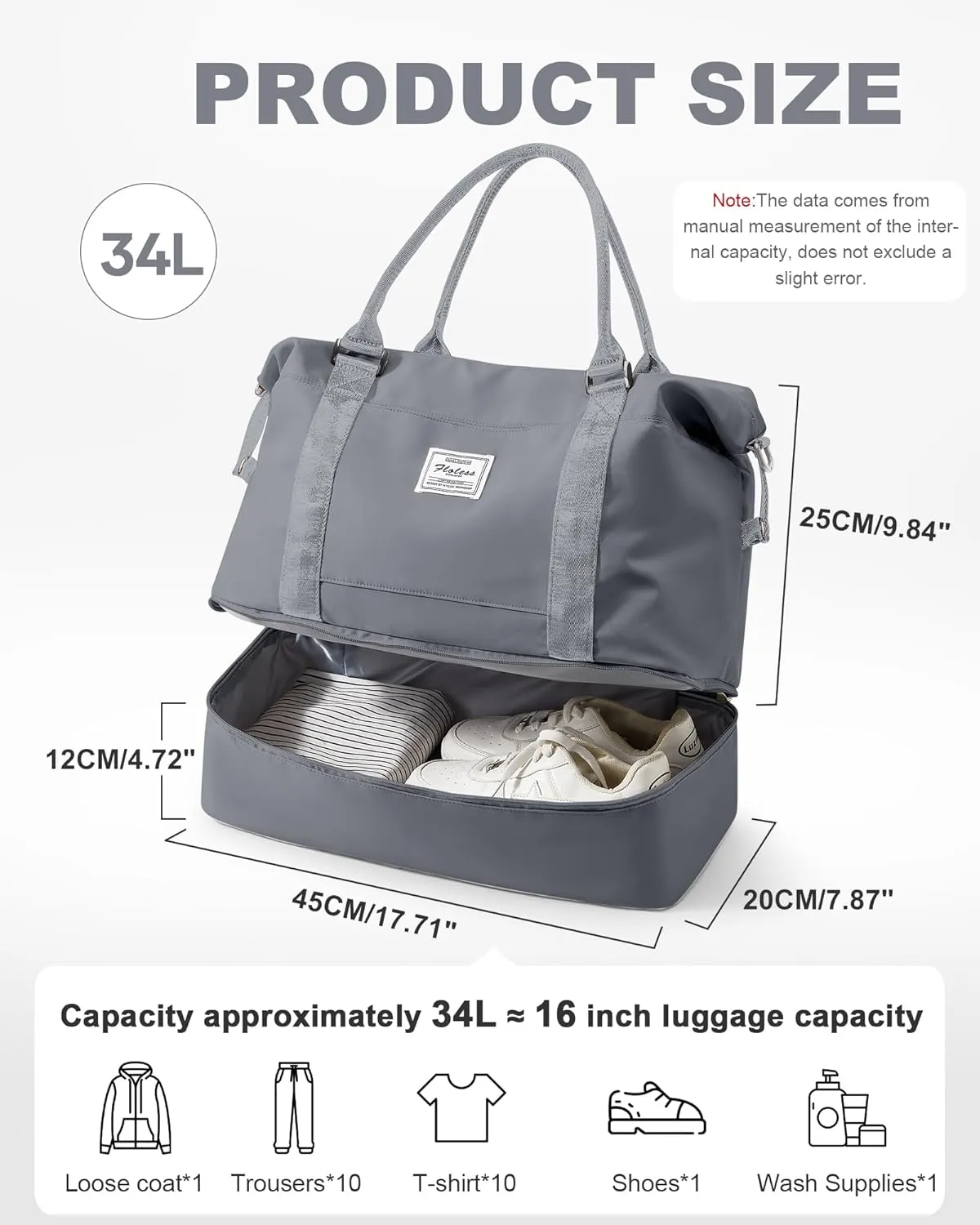 Travel Duffel Bag, 18x14x8 Inches Travel Bag Spirit with Shoes Compartment, Weekender Overnight Bag for Women with Trolley Sleeve, Carry On Bag for Airplanes Sport Tote Gym Bag SlateGrey