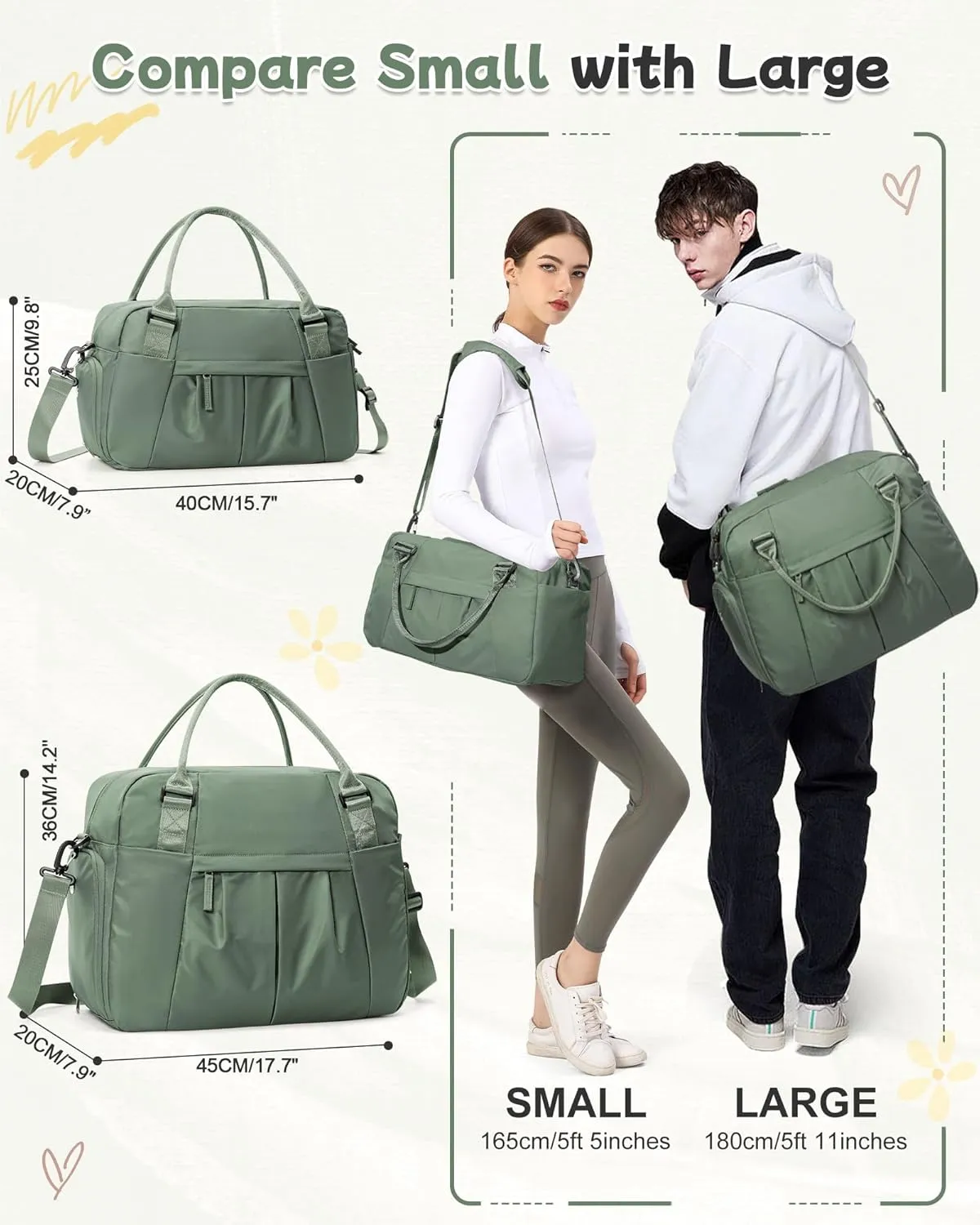 Travel Duffel Bag with Shoe Compartment, Large Weekender Bags for Women with Trolley Sleeve for Airplane, Waterproof Carry on Bag Sport Tote Bags Hospital Holdalls, Green
