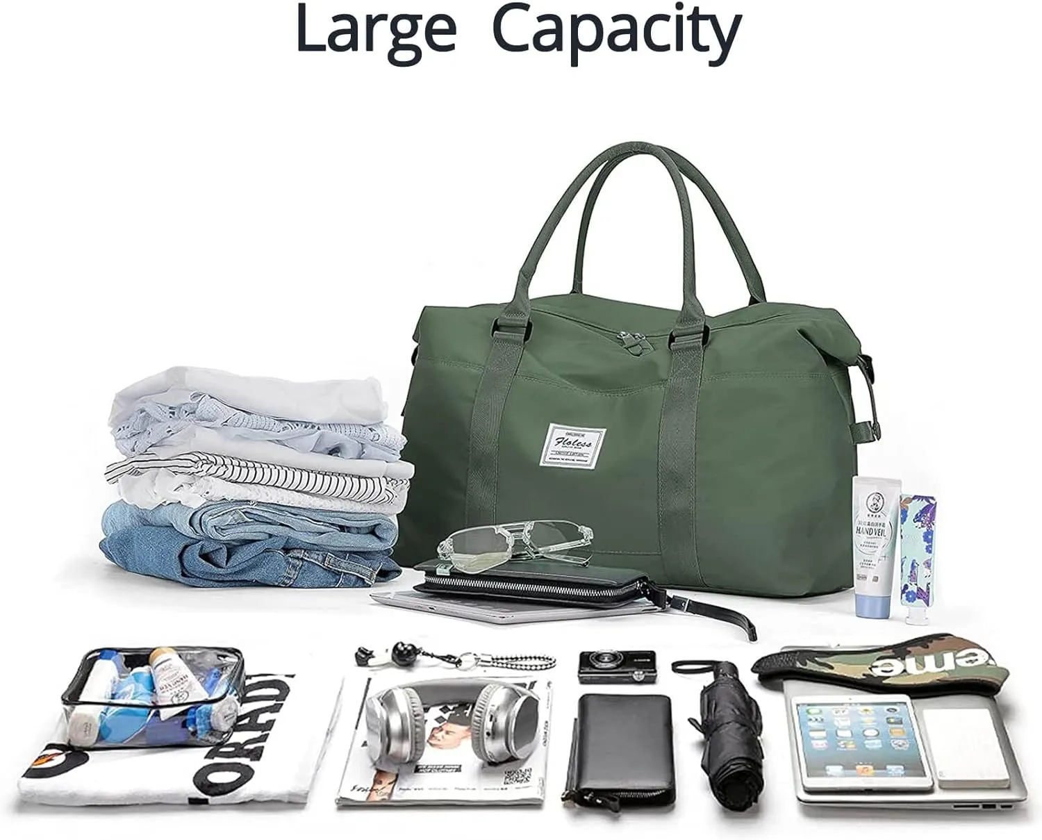 Travel Gym Bag for Women, LANBX Tote Bag Carry on Luggage Sport Duffle Weekender Overnight Bags with Wet Pocket (B-Olive Green)