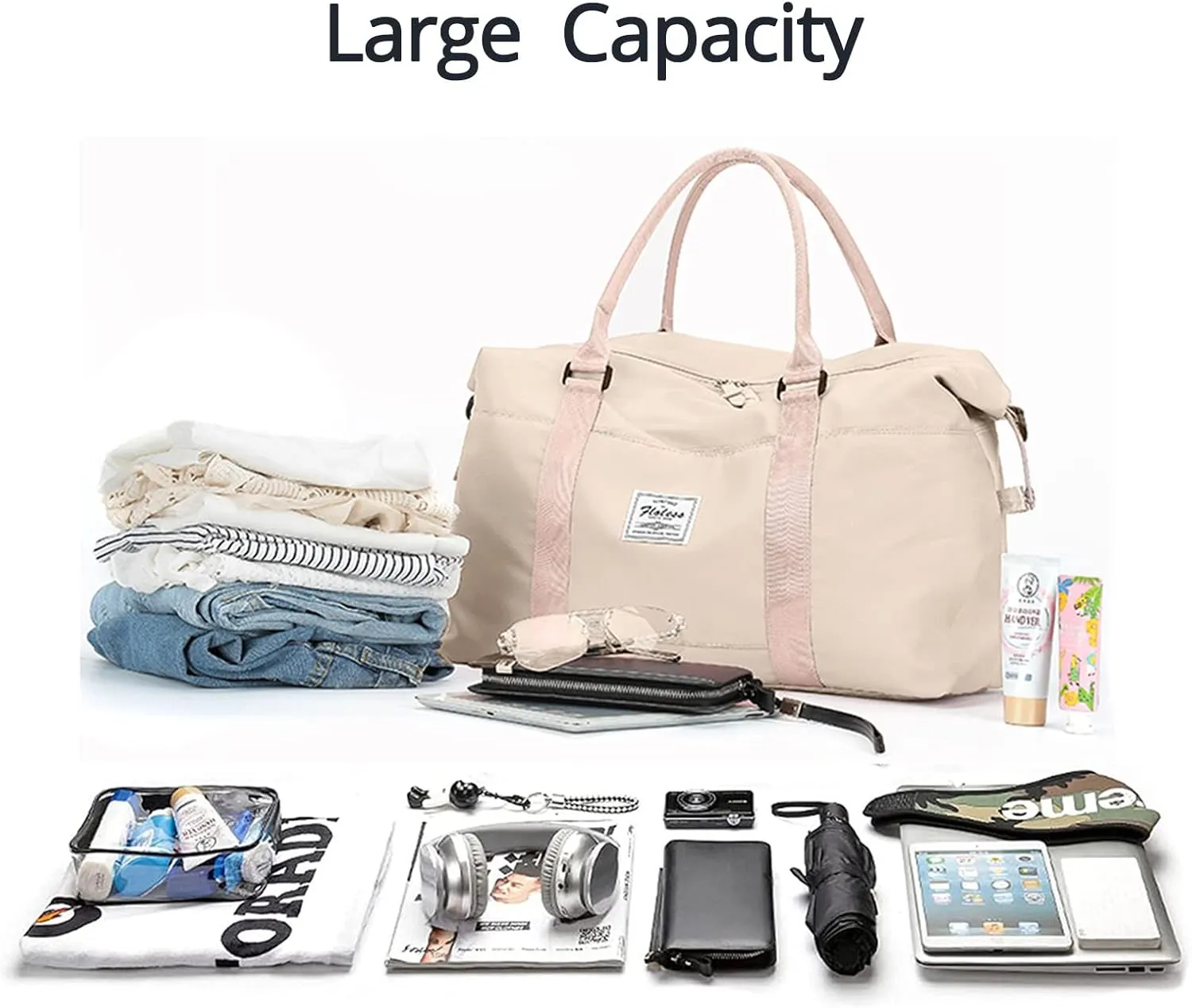 Travel Gym Bag for Women, LANBX Tote Bag Carry on Luggage Sport Duffle Weekender Overnight Bags with Wet Pocket (Beige)