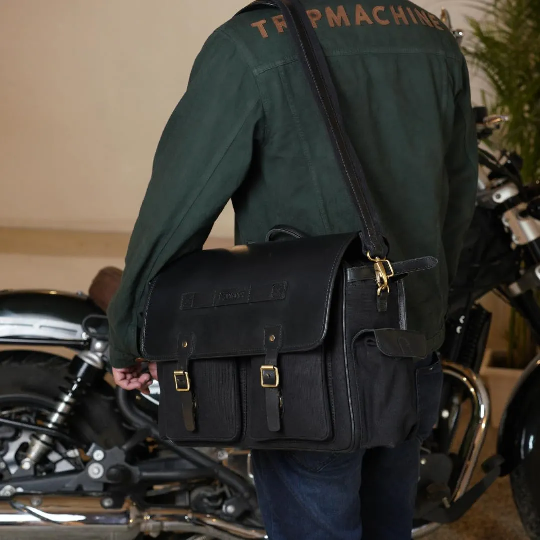 Trip Machine Company Expedition Saddlebags for Royal Enfield Super Meteor 650 & shotgun 650, 16 oz Heavy-Duty Canvas, Leather (Pair, Black)