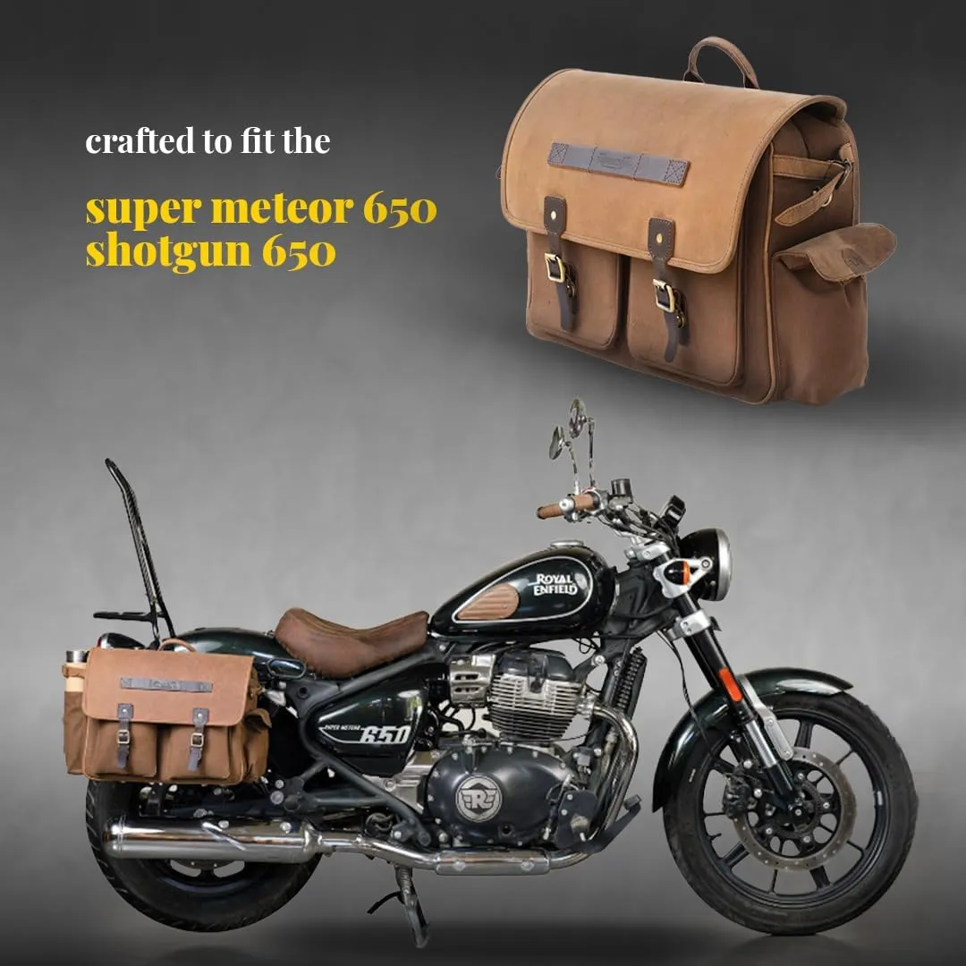 Trip Machine Company Expedition Saddlebags for Royal Enfield Super Meteor 650 & shotgun 650, 16 oz Heavy-Duty Canvas, Leather (Pair, Black)
