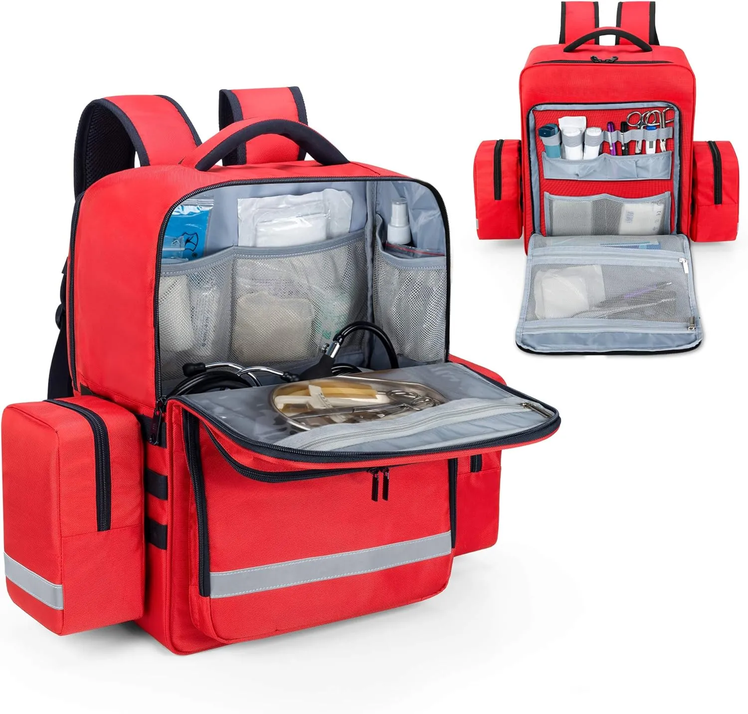 Trunab Emergency Medical Backpack Empty, EMT Camping Molle Bag with Detachable Side Pocket and No-Slip Bottom for Camping, Hiking, Traveling, Daycare, Red, Bag Only