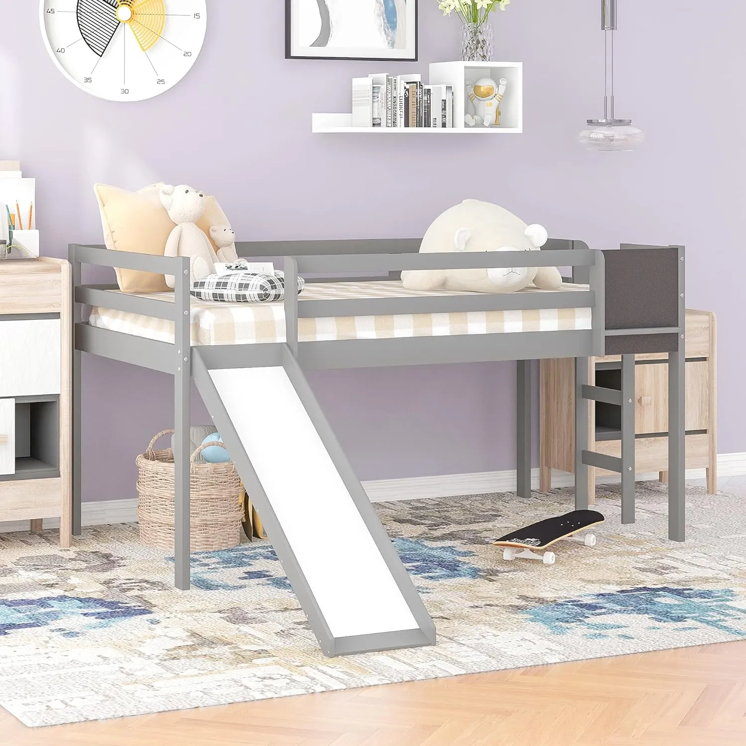 Twin Size Low Loft Bed with Slide,Kids Loft Bed with Chalkboard and Ladder,Wood Low Loft Bed Twin Size for Girls Boys,Grey