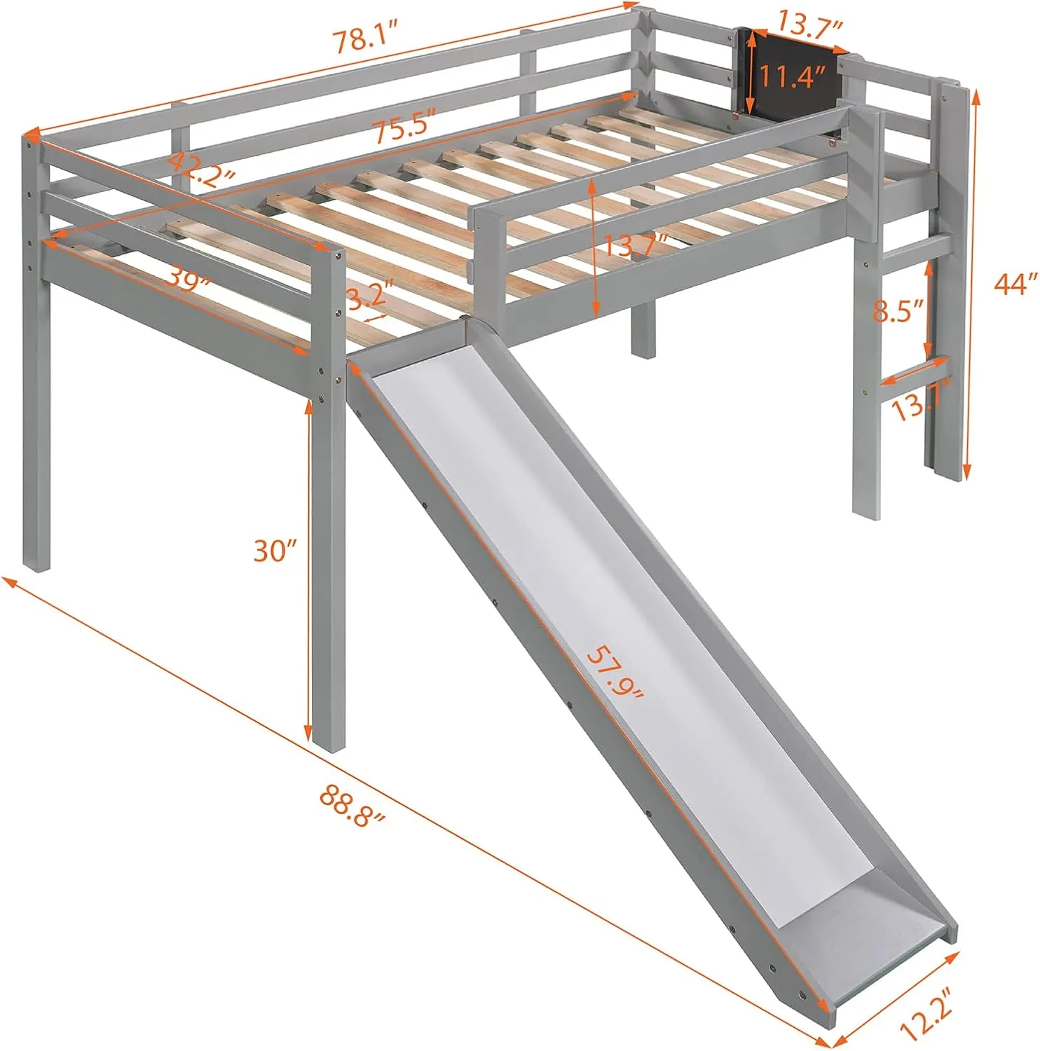 Twin Size Low Loft Bed with Slide,Kids Loft Bed with Chalkboard and Ladder,Wood Low Loft Bed Twin Size for Girls Boys,Grey