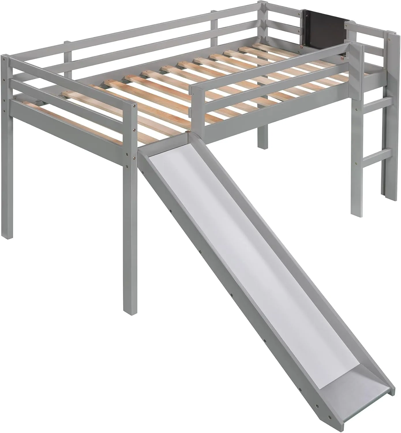 Twin Size Low Loft Bed with Slide,Kids Loft Bed with Chalkboard and Ladder,Wood Low Loft Bed Twin Size for Girls Boys,Grey