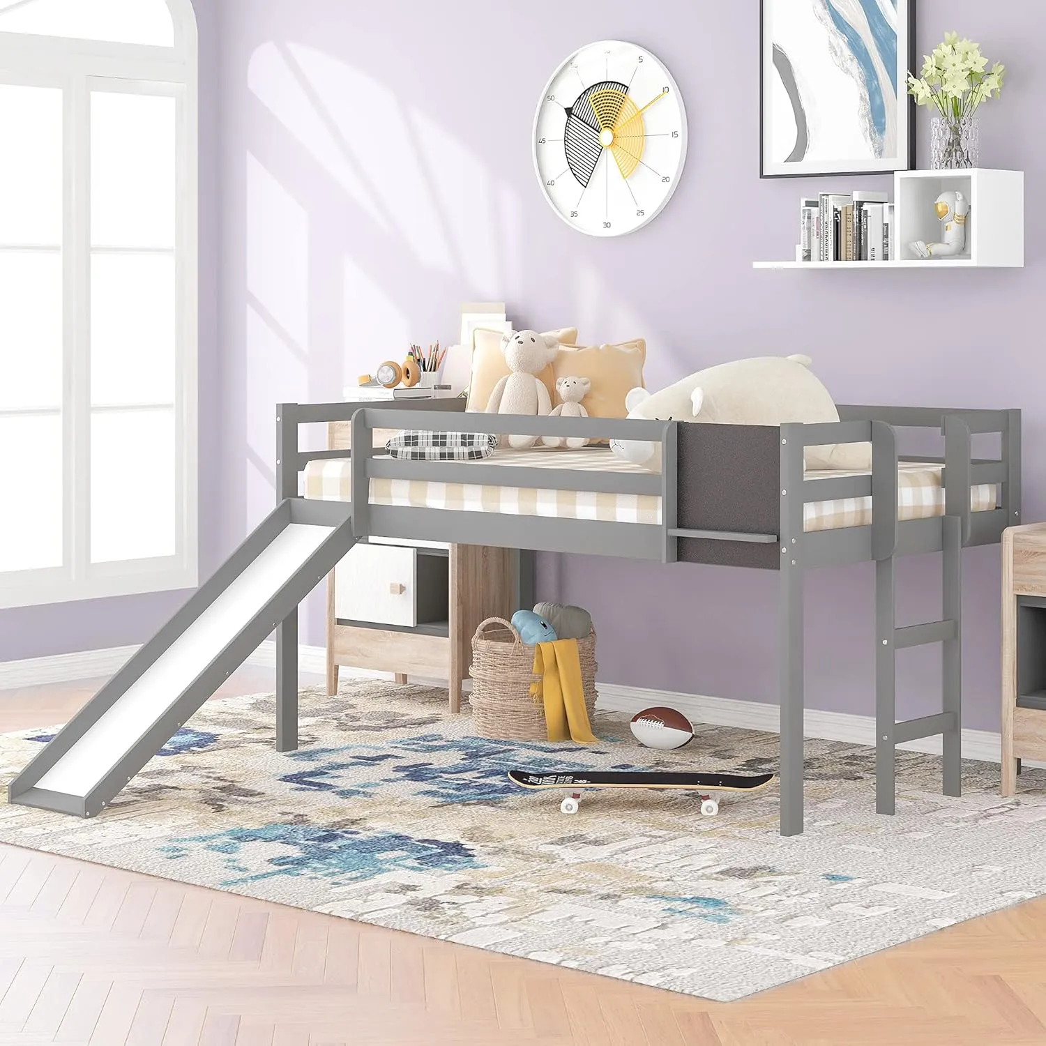 Twin Size Low Loft Bed with Slide,Kids Loft Bed with Chalkboard and Ladder,Wood Low Loft Bed Twin Size for Girls Boys,Grey