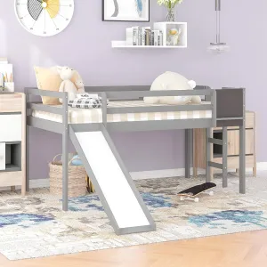 Twin Size Low Loft Bed with Slide,Kids Loft Bed with Chalkboard and Ladder,Wood Low Loft Bed Twin Size for Girls Boys,Grey