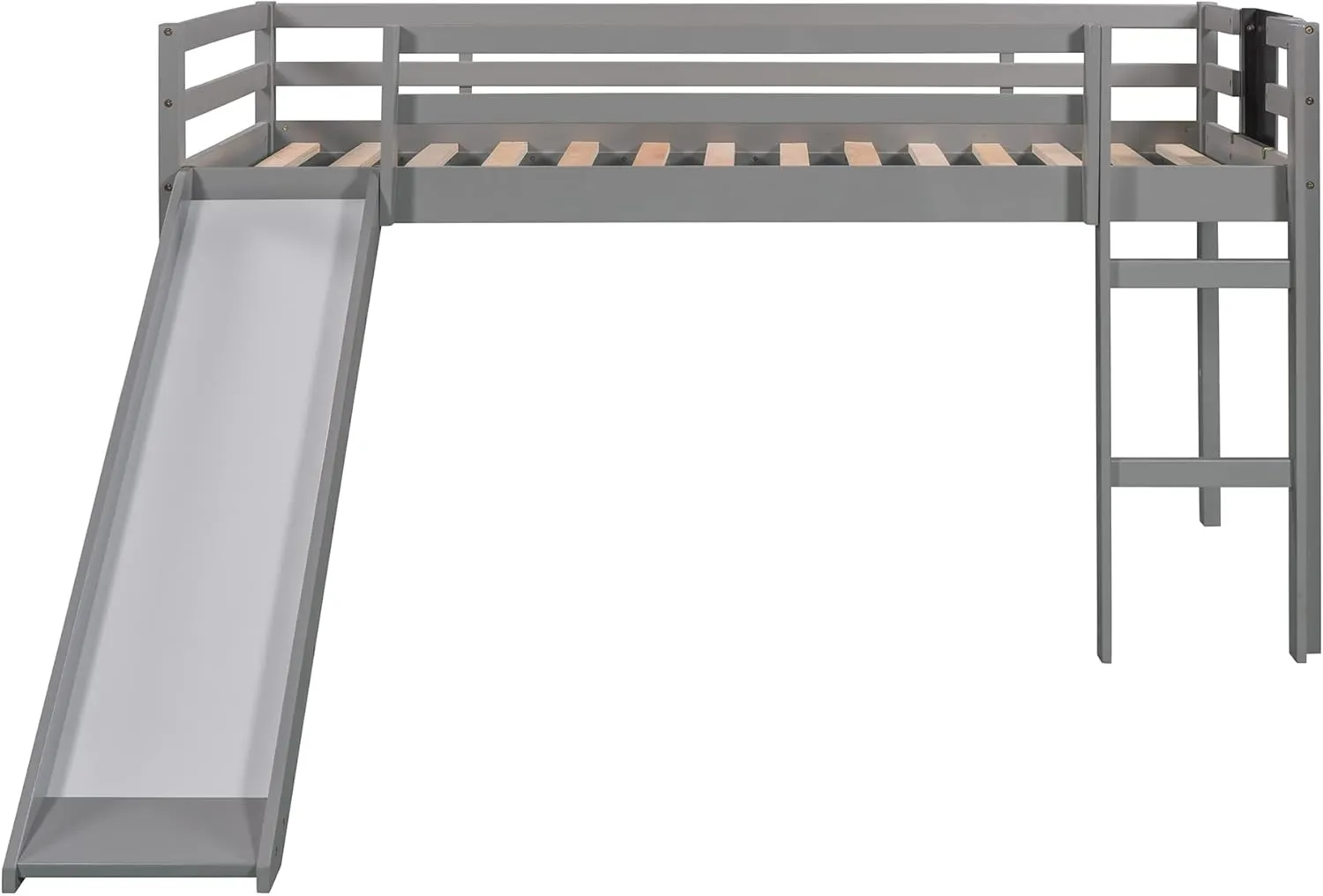 Twin Size Low Loft Bed with Slide,Kids Loft Bed with Chalkboard and Ladder,Wood Low Loft Bed Twin Size for Girls Boys,Grey