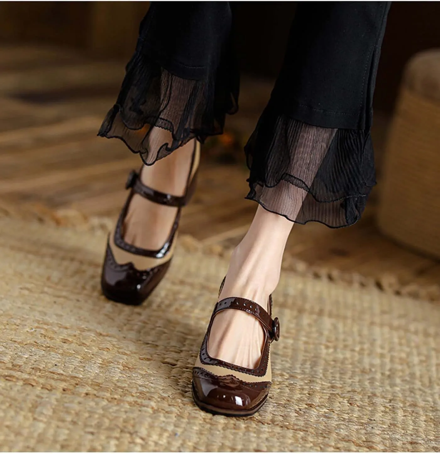 U-lite Women's Classic Loafer Casual Lace up Dress Shoe|Carved Hollow Design|Pork Lining|Microfiber Leather Sole with Rubber Weave Chunky High Heel