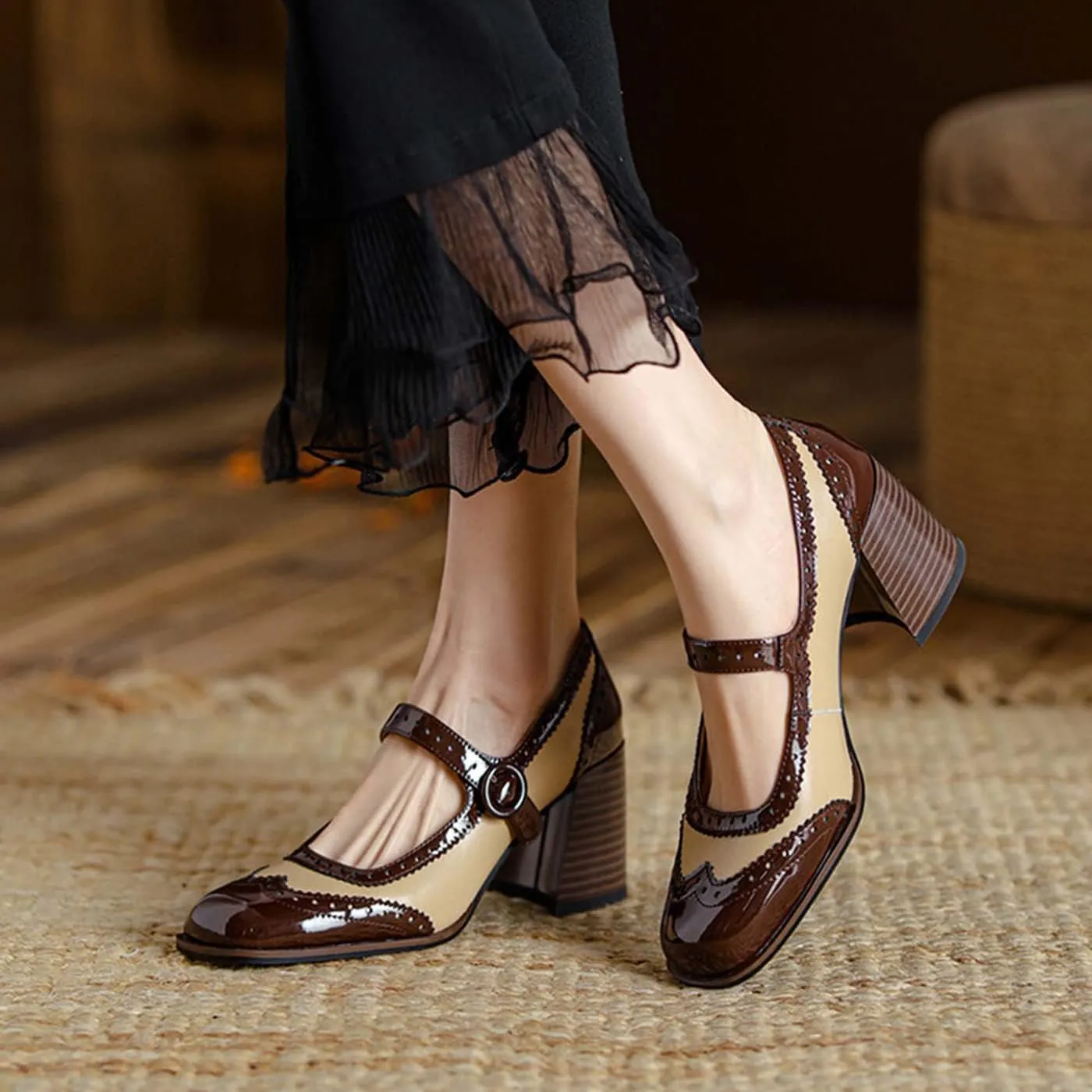 U-lite Women's Classic Loafer Casual Lace up Dress Shoe|Carved Hollow Design|Pork Lining|Microfiber Leather Sole with Rubber Weave Chunky High Heel