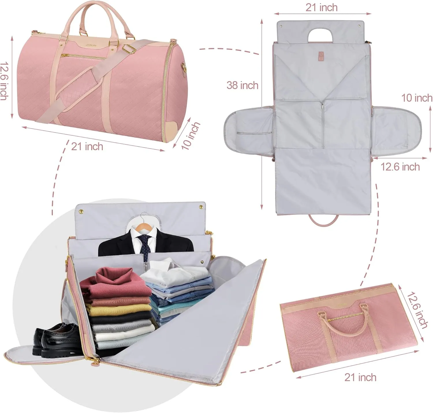 Ultimate 3-in-1 Garment Duffel Bag – Wrinkle-Free, Spacious 50L Capacity, Waterproof, Ideal for Business Trips & Weekend Getaways (QPink)