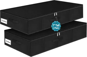 Under Bed Storage Bags with Zipper, 7 Inch Tall Underbed Storage Containers with Rigid Sides & Bottom,30x15x6.7 Inches, Large Clothes Organizer Box for Bedroom, Dorm, Couch, Black
