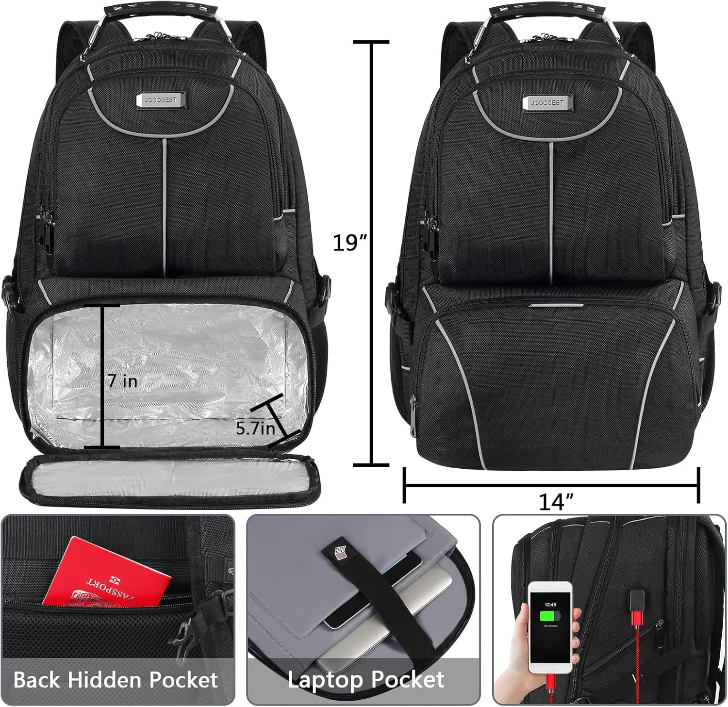 VECKUSON Lunch Bag Backpack, Insulated Cooler Lunch Box Backpack, Extra Large Travel Laptop Backpack TSA Friendly RFID Computer College bag with USB Port for Women Men Fits 17.3 Inch Laptop