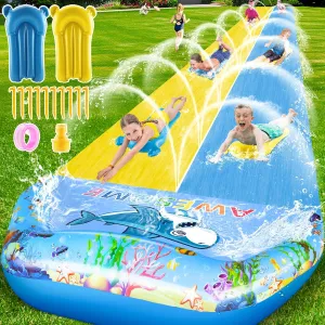 VEEST 33 FT Extra Long Water Slides for Kids Adults, Giant Double Lawn Water Slip Heavy Duty with 2 Bodyboards, Summer Water Slides Toys with Crash Pad for Backyard Outdoor
